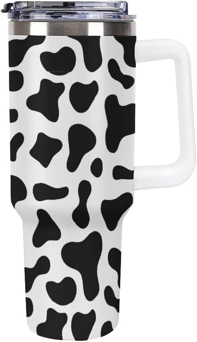 Detalle de 40 Oz Tumbler with Handle and Straw (Cow Print) – 304 Stainless Steel Vacuum Insulated Cup with Leak-Proof Dual Lid