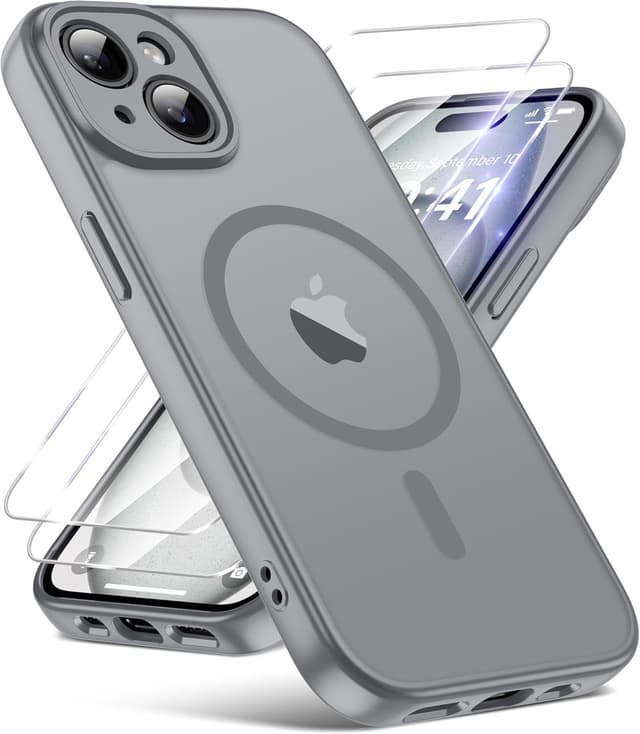 Detalle de FLLAO iPhone 15 case with MagSafe + magnetic fit and 2 tempered glass screen protectors (grey)