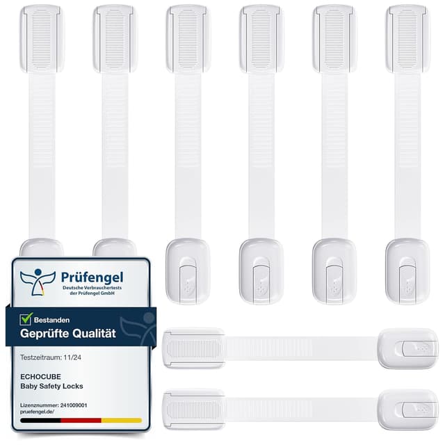 Detalle de ECHOCUBE 8 Stück Kindersicherung für Schrank & Schublade mit 3M Kleber (ohne Bohren) – Weiß