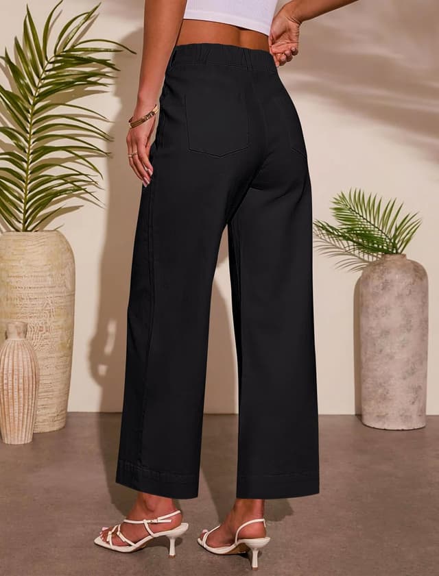 Detalle de Eddoyee Womens Wide Leg Ankle Pants — High-Waisted Elastic Waist Straight-Leg Cropped Stretch Pants