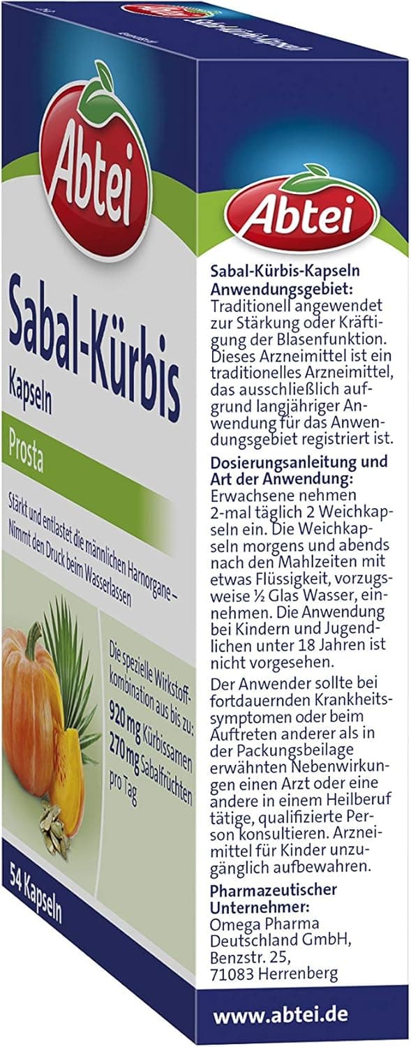 Detalle de Abtei Sabal-Kürbis-Kapseln – Kräuter-Kombination für Blasen- und Prostata-Bereich (1 x 54 Weichkapseln)