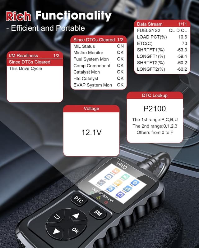 Detalle 2 de XIAUODO OBD2 Scanner Car Code Reader (Black) — read and clear engine fault codes for most OBDII vehicles since 1996