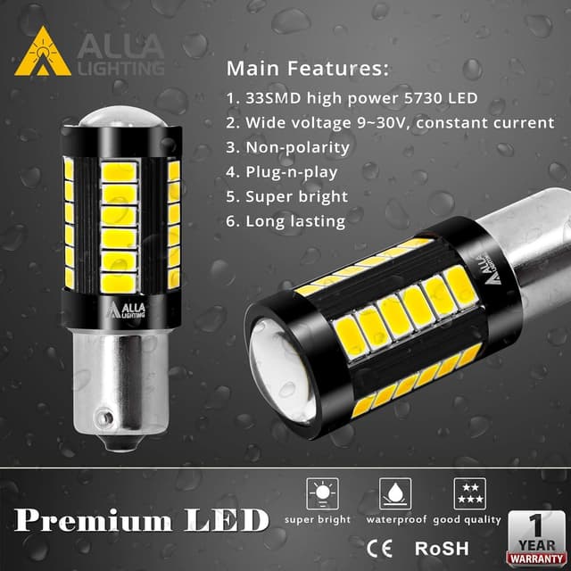 Detalle de Alla Lighting 2800lm BA15S 1156 LED Bulbs (Set of 2) — 12V–24V 6000K White 5730 33-SMD for Backup/Turn/Brake/Tail/DRL