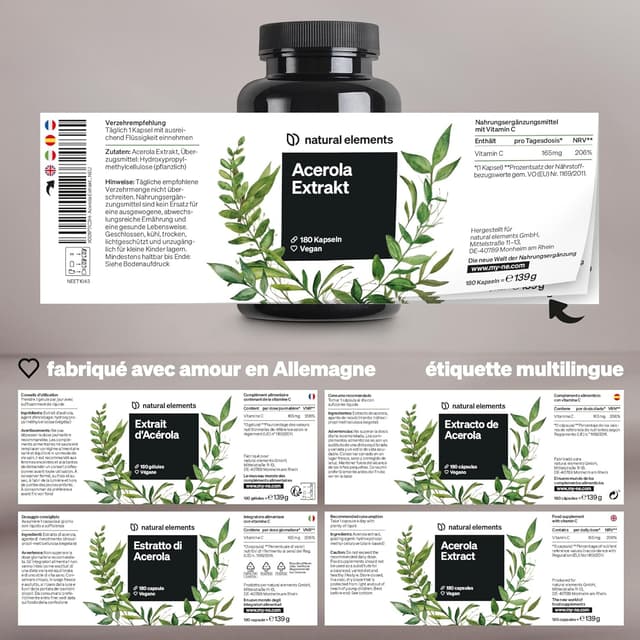 Detalle de Extrait d’Acérola avec vitamine C (165 mg) végane – 180 gélules pour 6 mois