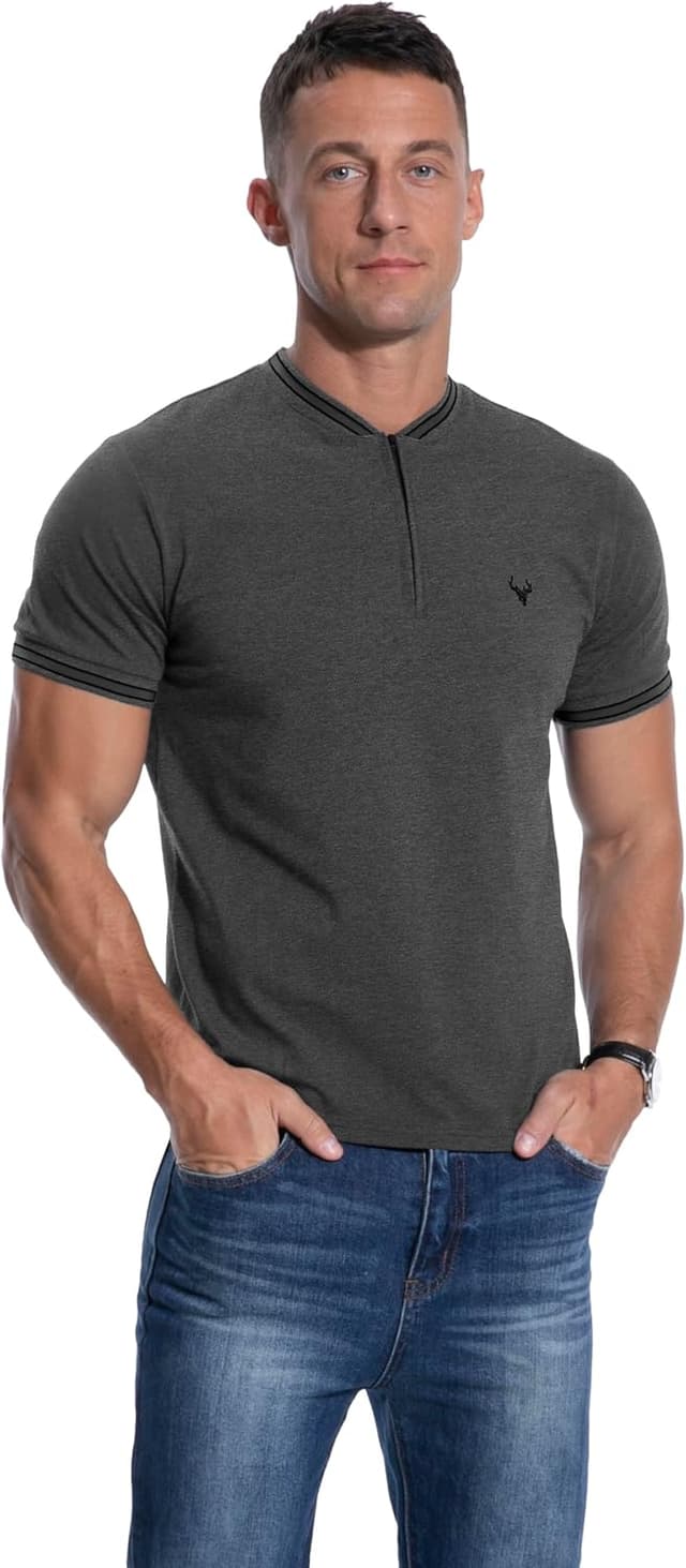 Detalle 2 de PCEAIIH Men’s Henley Zip Stand Neck T-Shirt with Deer Head Embroidery
