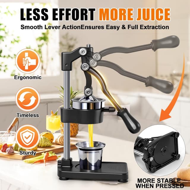 Detalle 2 de ASIALEO Manual Cast Iron Citrus Juicer (Black) – Heavy-Duty Countertop Hand Press for Oranges, Lemons & Limes
