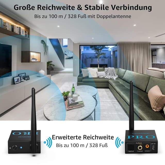Detalle 2 de 1Mii 1 TX + 1 RX drahtloser Audio Sender & Empfänger (2,4 GHz) für TV/PC zu Subwoofer, Aktivlautsprechern & Verstärkern