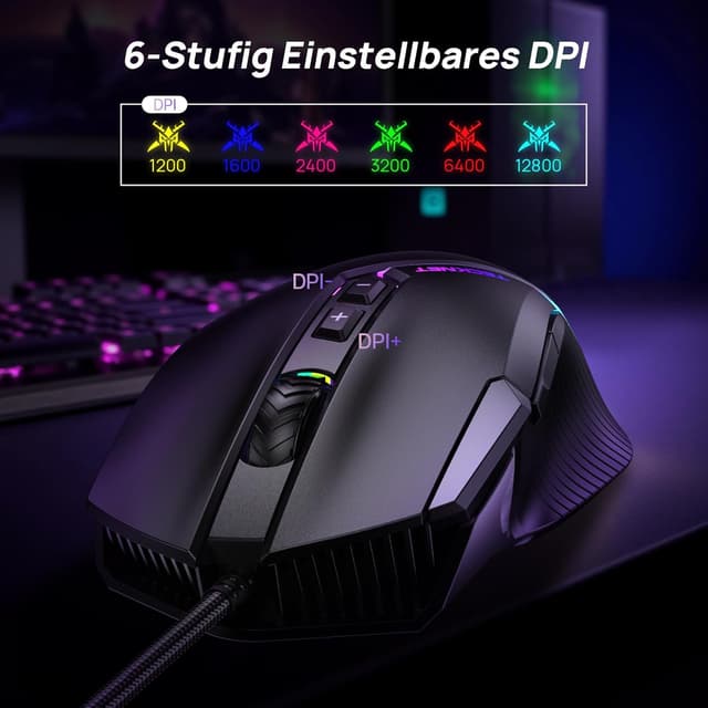 Detalle 2 de TECKNET kabelgebundene Gaming-Maus (12800 DPI, 8 programmierbare Tasten, 13 RGB) für Rechtshänder