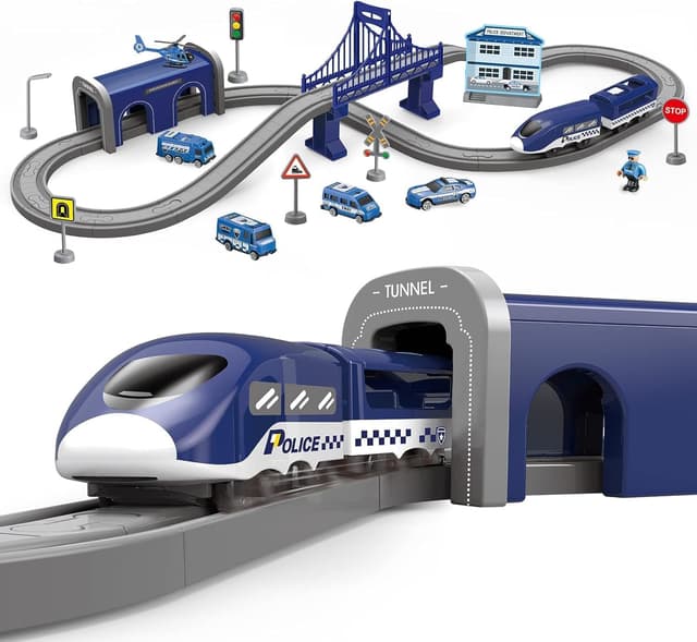 Detalle de XIAPIA Deluxe Electric Train Set (66 pcs) with Magnetic Couplings, Tunnel/Bridge Track & Police Theme