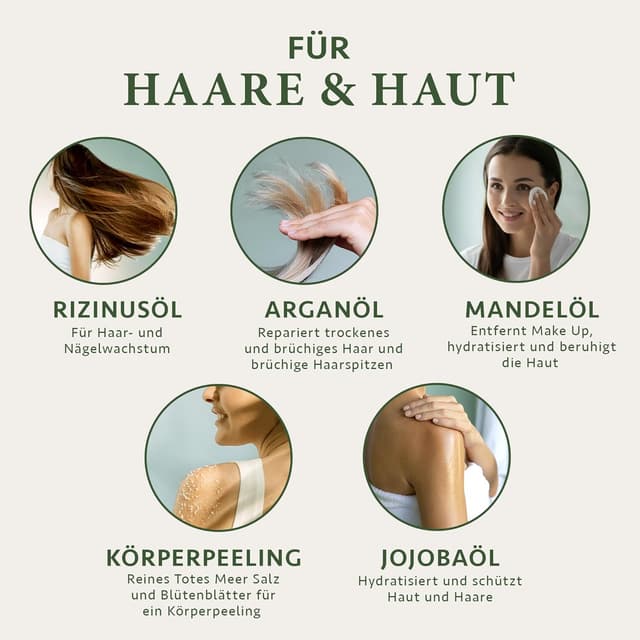 Detalle 2 de Satin Naturel luxuriöses Geschenkset mit Bio-Arganöl, Bio-Rizinusöl, Mandel- & Jojobaöl sowie Body Scrub aus Totes Meer Salz