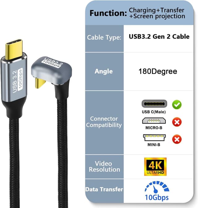 Thumbnail 1 de U-förmiges USB‑C Schnellladekabel GELRHONR (180°) – USB 3,2 Gen 2, PD bis 100 W, 10 Gbps, 4K@60 Hz