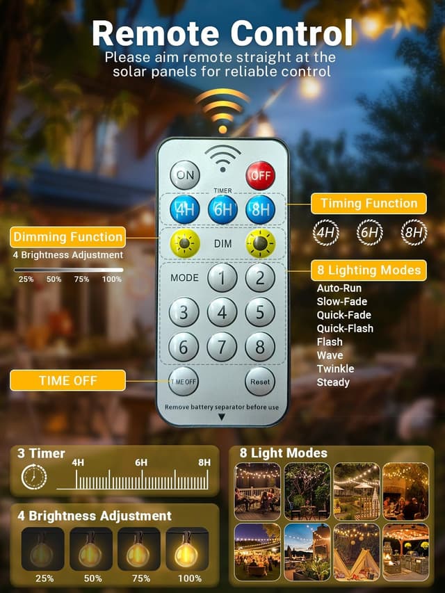 Detalle 2 de Guirlande solaire extérieure ARKOCHIC 15 m avec 20+1 ampoules LED G40, 8 modes et télécommande (IP44)