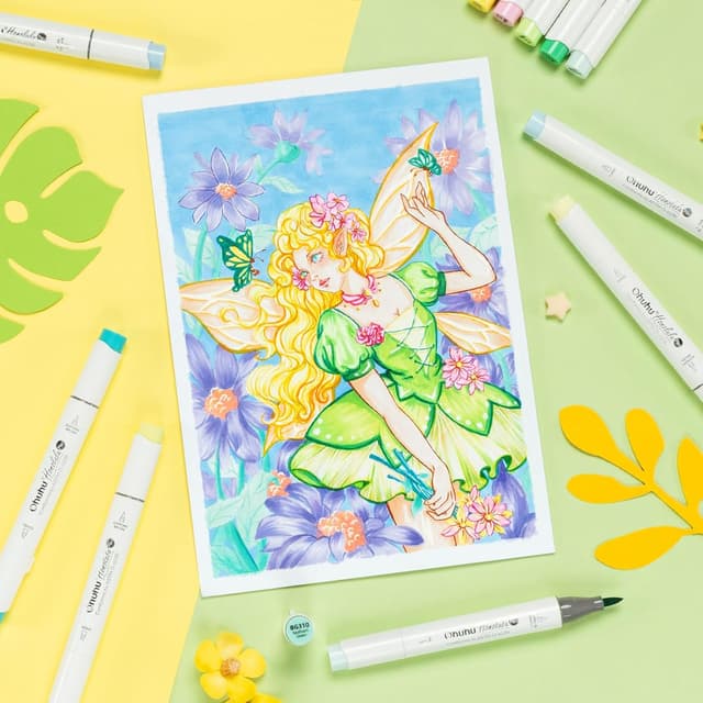 Detalle de Ohuhu Alcohol Markers Supreme Brush & Chisel (Honolulu Plus) – 24 colours + 1 blender, refillable dual-tip pens