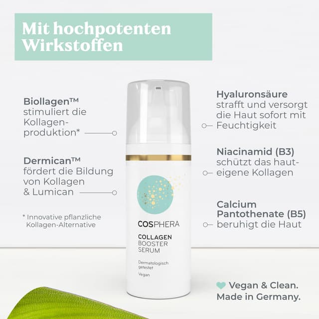 Detalle 2 de Cosphera Collagen Booster Serum (50 ml) Vegan mit Hyaluronsäure, Peptiden & Vitamin B3