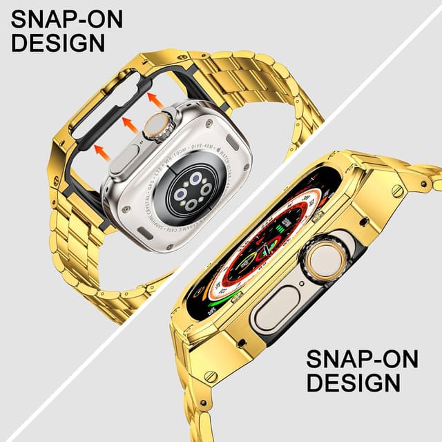 Detalle de BAITEYOU Stainless Steel Watch Band with Case for Apple Watch Ultra 1/2/3 (49mm) – Rugged Metal Bumper Strap (Gold)