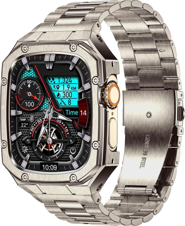 Detalle de BAITEYOU Stainless Steel Watch Band with Protective Case for Apple Watch Ultra 3/2/1 (49mm) in Titanium Color