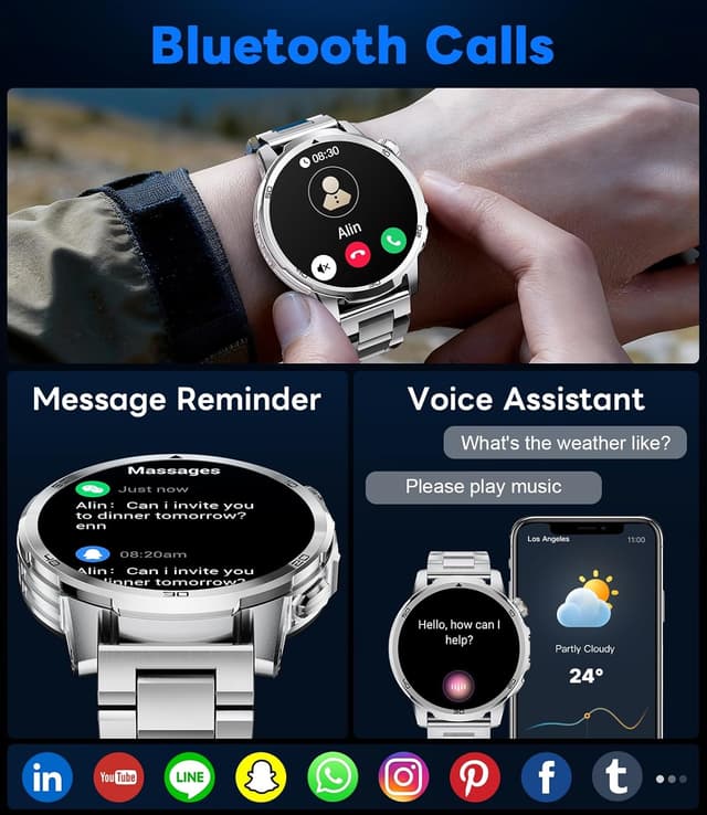 Detalle de Montre connectée homme 1,85" avec appels Bluetooth, cardio et sommeil, étanchéité IP68, torche LED 1000 mAh