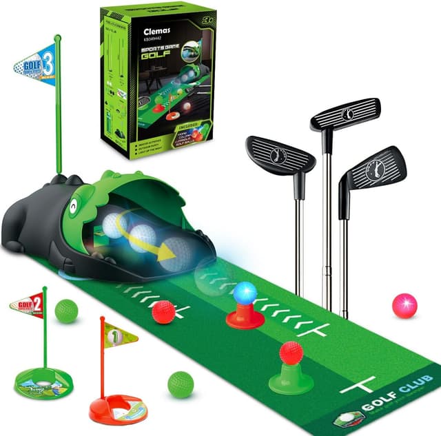 Detalle de Clemas Upgraded Kids Toy Golf Set with Automatic Ball Returner, LED Light-Up Balls & Putting Mat
