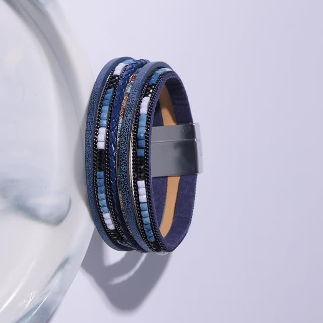 Detalle de Viwind Damen Lederarmband Boho Multilayer mit Magnetverschluss – ca. 19 cm, geflochtenes Wickelarmband