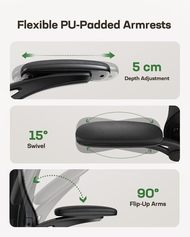 Detalle de Marsail ergonomischer Bürostuhl mit verstellbarer Lordosenstütze, Kopfstütze und 2D-Armlehnen (schwarz)