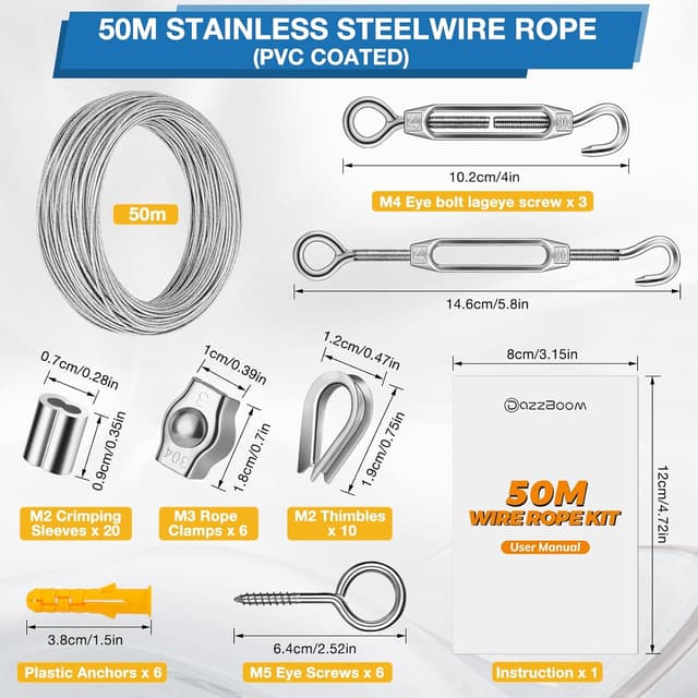 Detalle 2 de DazzBoom Wire Rope Kit (50m) with PVC-coated stainless steel cable, turnbuckle tensioner and fittings for garden/DIY