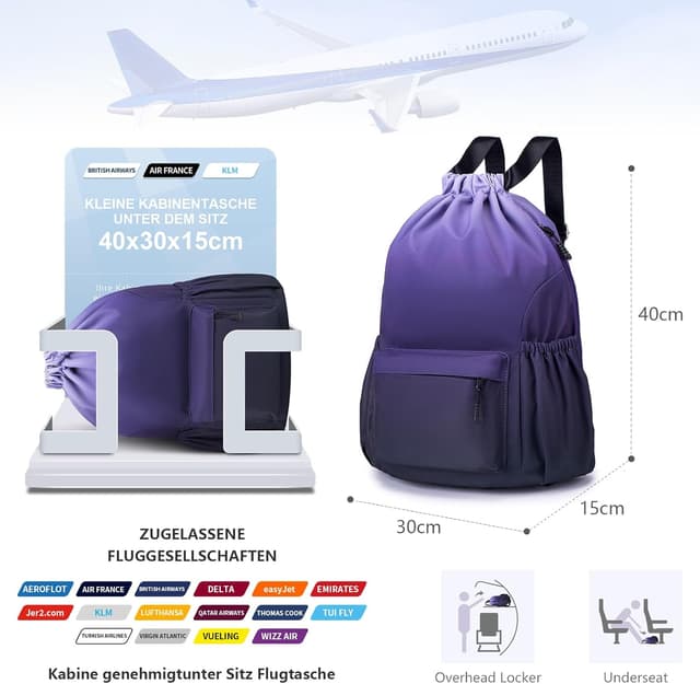 Detalle 2 de SUCIKORIO zaino a sacca con coulisse 40x30x15 impermeabile per cabina aereo