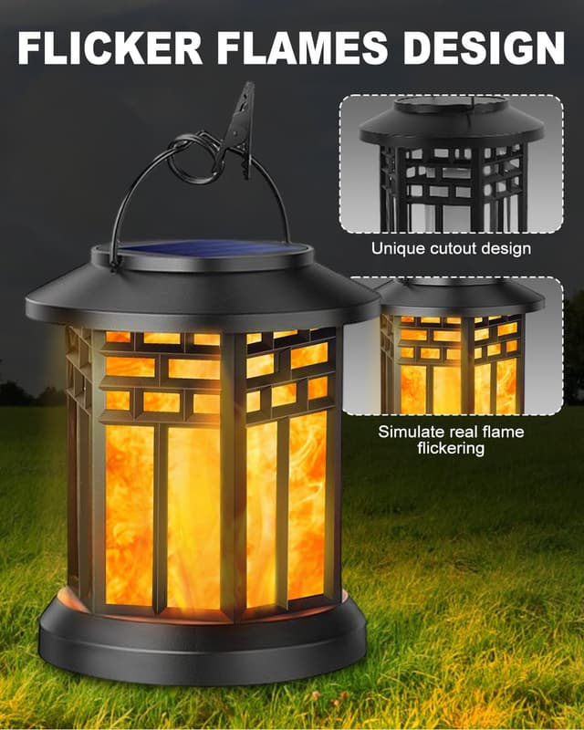 Detalle de KALAHOL 2-Pack Solar Lanterns Outdoor Garden – Hanging LED flame effect, IP65 waterproof (Grid style)