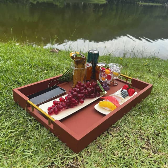 Thumbnail 4 de 14x20 Faux Leather Wood Serving Tray with Handles