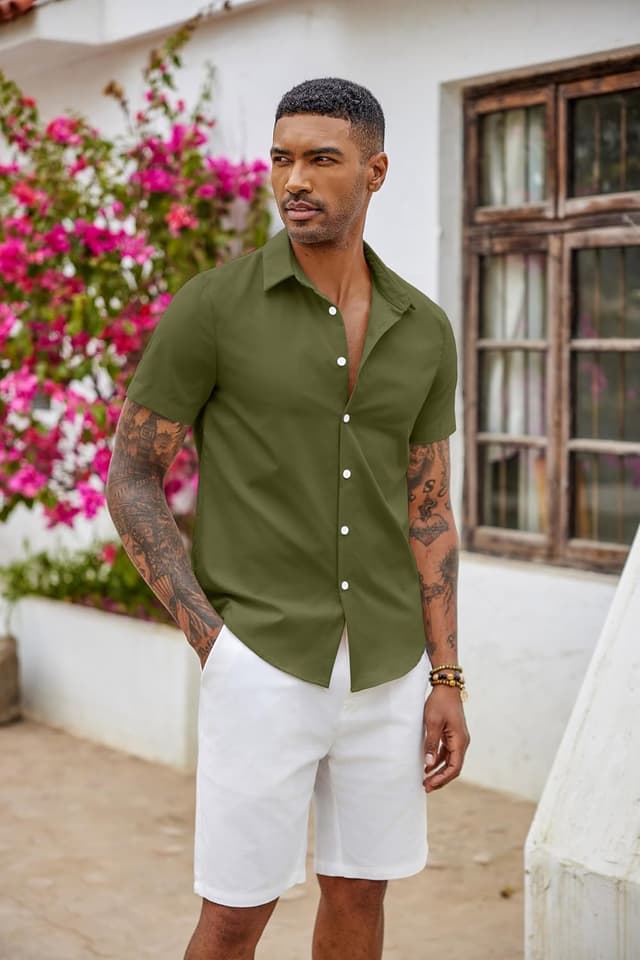 Detalle de COOFANDY Chemise à manches courtes pour homme, coupe ajustée sans repassage (style habillé/décontracté)