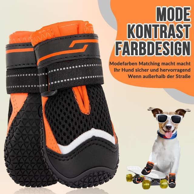 Detalle de Eyein Hundeschuhe Pfotenschutz (2 Stück) atmungsaktiv mit rutschfester Sohle und reflektierendem Klettverschluss, Orange – Größe 5