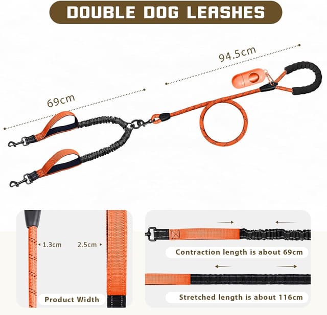Detalle 2 de Blanlody double dog lead with bungee no-tangle swivel, reflective split lead and padded handles