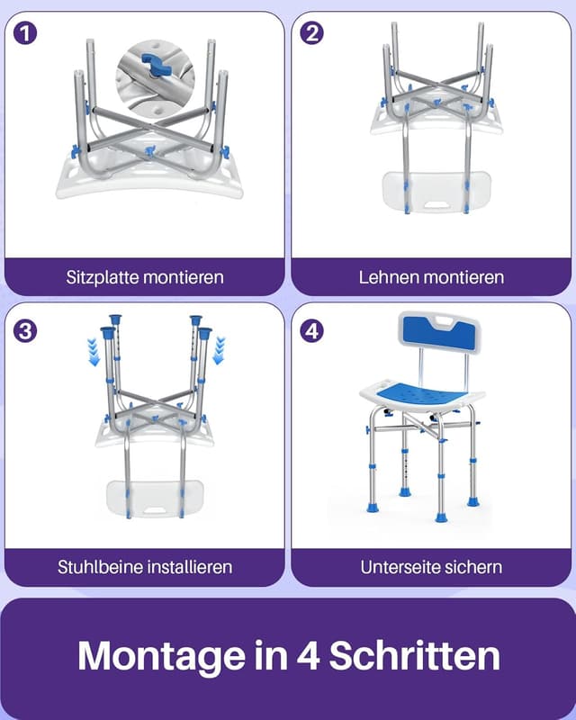 Detalle de KEKOY Duschhocker mit Lehne (2-in-1) – höhenverstellbarer Duschstuhl für Senioren & eingeschränkte Mobilität, Blau