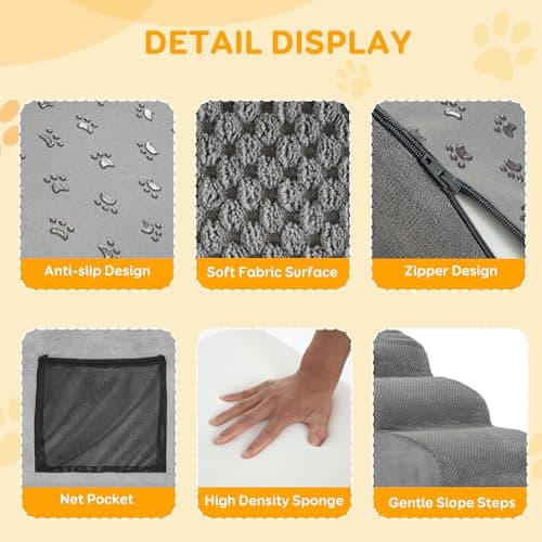 Detalle de YunNasi escalera para perros de 3 etapas con rampa para mascotas (3 pasos, gris) con funda lavable