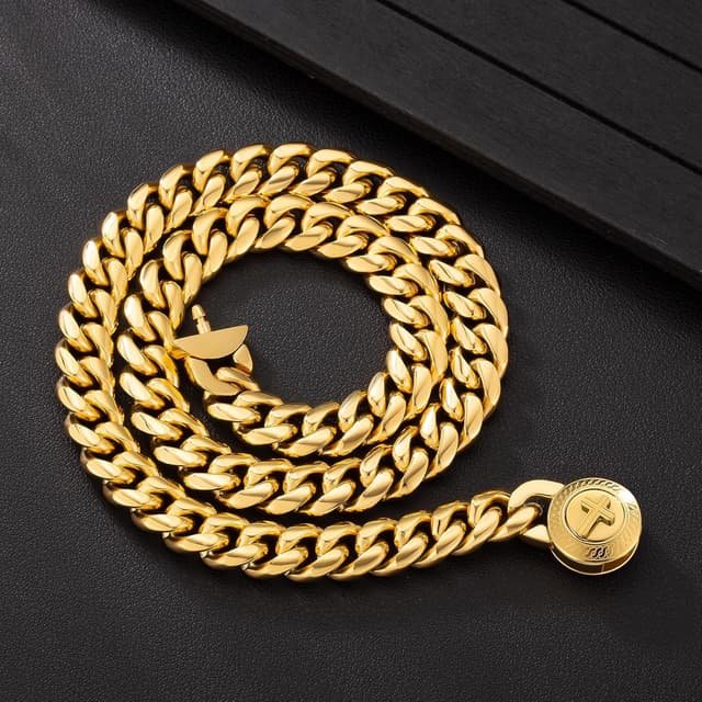 Thumbnail 6 de KRKC&CO 12mm Herren Panzerkette mit Löwe Kopf/Totenkopf-Verschluss – 18K Gold plattiert Cuban Link, Edelstahl (Miami Kubanische Kette)