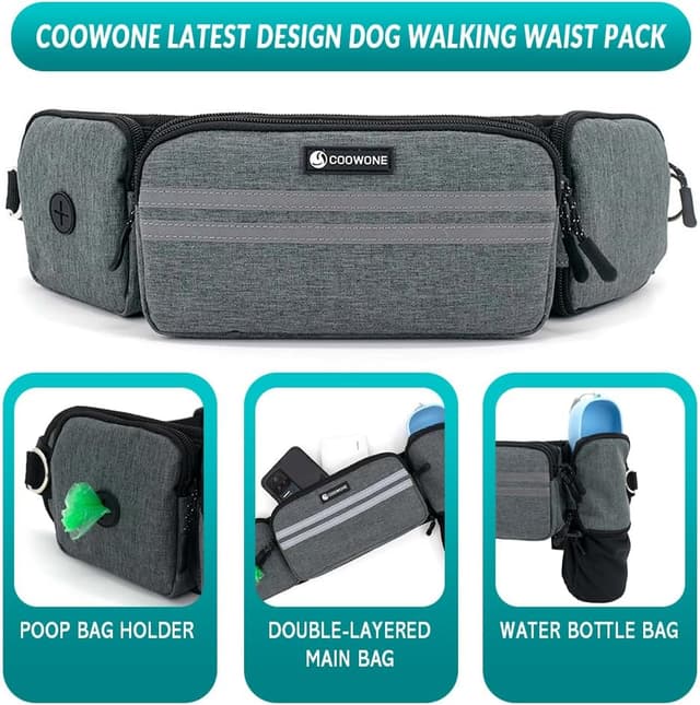 Detalle 2 de Leckerlitasche für Hunde mit Bauchtasche, reflektierende Bungee-Waist-Leine & Kotbeutelspender (Grau, mit 2 Hundeleinen)