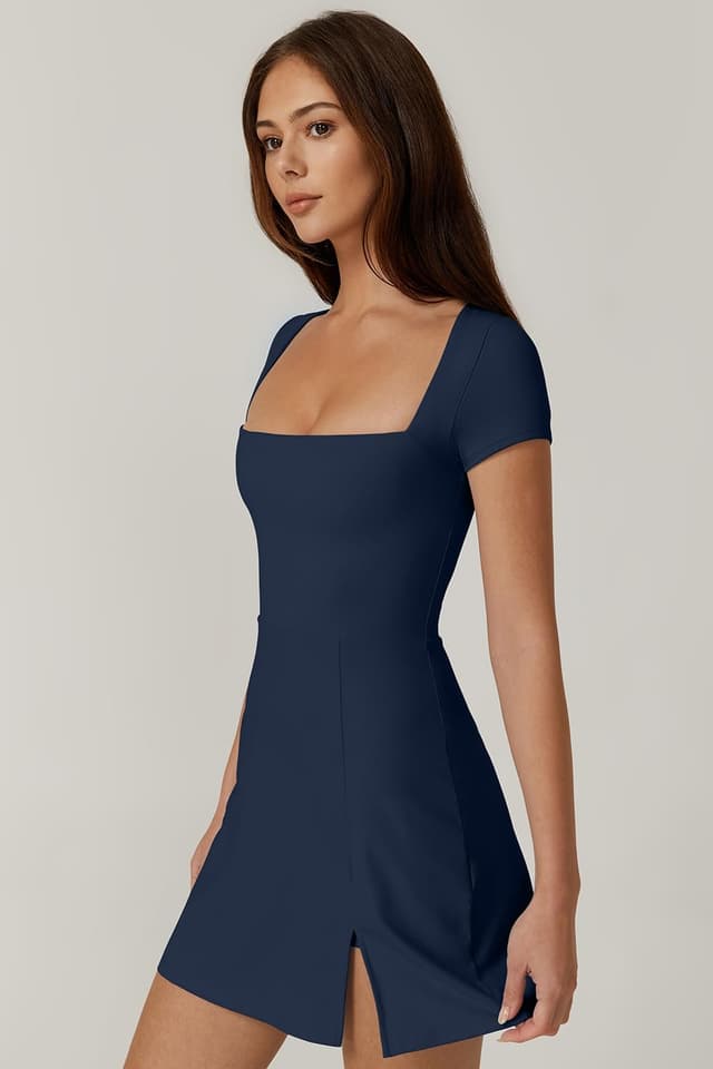 Detalle de QINSEN Women’s Square Neck Tennis Dress with Built-In Shorts and Pockets