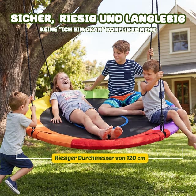 Detalle de Trekassy Nestschaukel Outdoor 120 cm – Tellerschaukel für bis zu 300 kg mit 2 Schaukelgurten (900D, wasserfest)