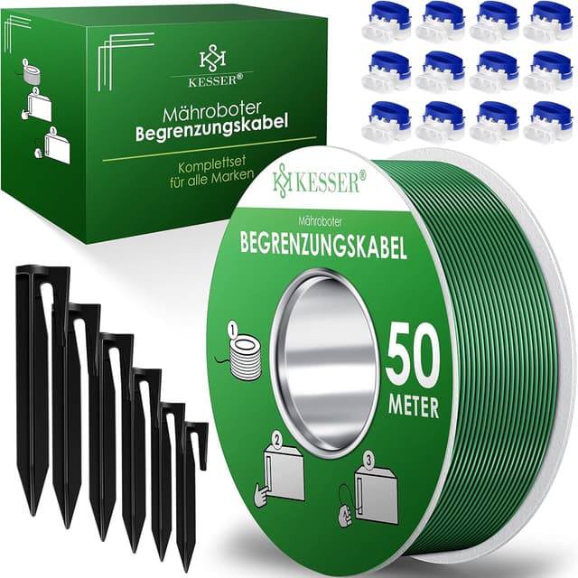 KESSER® Begrenzungskabel-Set 50 m inkl. 200 Erdspieße & 12 Kabelverbinder für Mähroboter