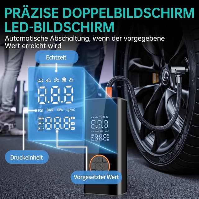 Detalle de Wirelume kabellose elektrische Luftpumpe 150 PSI (6000 mAh) für Fahrrad & Auto – mit LED-Licht und Auto-Stopp