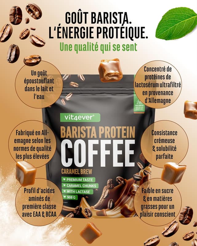 Detalle de Vit4ever Barista Protein Coffee Caramel Brew (908 g) – café protéiné crémeux au caramel, jusqu’à 20 g de protéines