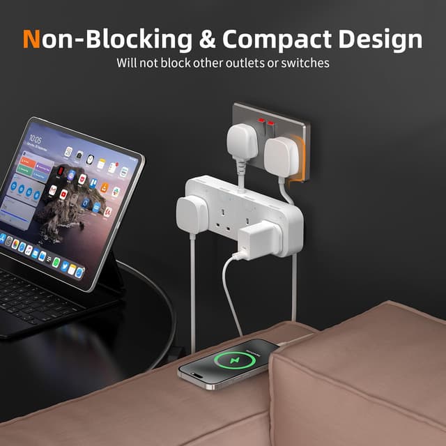 Detalle de Multi Plug Extension Socket 4 Way (Flexible Plug) with Individual Switches, UK 4-Gang Adapter – White