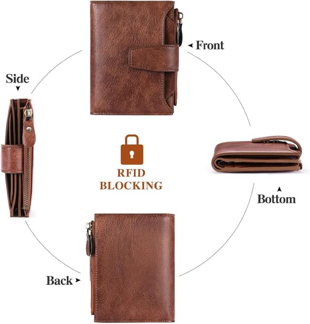 Detalle de SENDEFN women’s RFID blocking leather small bi-fold wallet with zip pocket and ID window