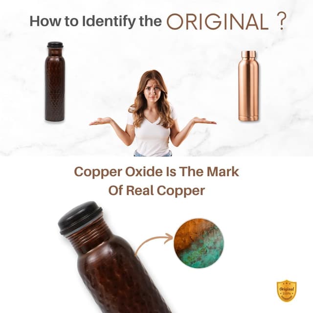 Detalle de AVA DESIGNZ hand-hammered black copper water bottle (950 ml) with leakproof lid & canvas bag set