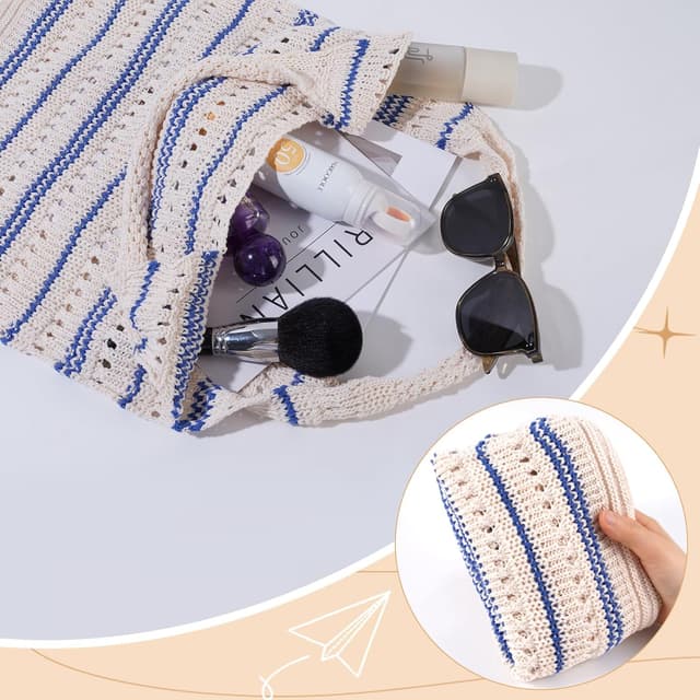 Detalle de Etercycle Crochet Tote Bag (Blue Stripe) – mesh beach bag for women