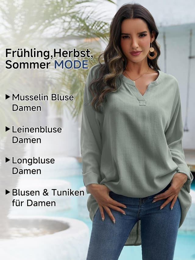 Detalle 2 de Leinenbluse Damen Musselin Tunika-Longbluse mit V-Ausschnitt (60% Leinen + 40% Rayon), Oversize für Sommer & große Größen