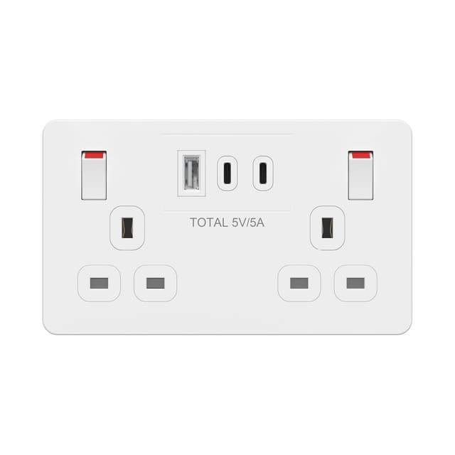 Detalle de LIDER 2-Gang Switched 13A Double Socket with USB Type C & A Charger Ports (25W) – White