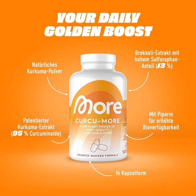 Detalle de MORE Curcumore Kurkuma-Kapseln (180 g) mit Curcuminoiden, Sulforaphan und Piperin – vegan