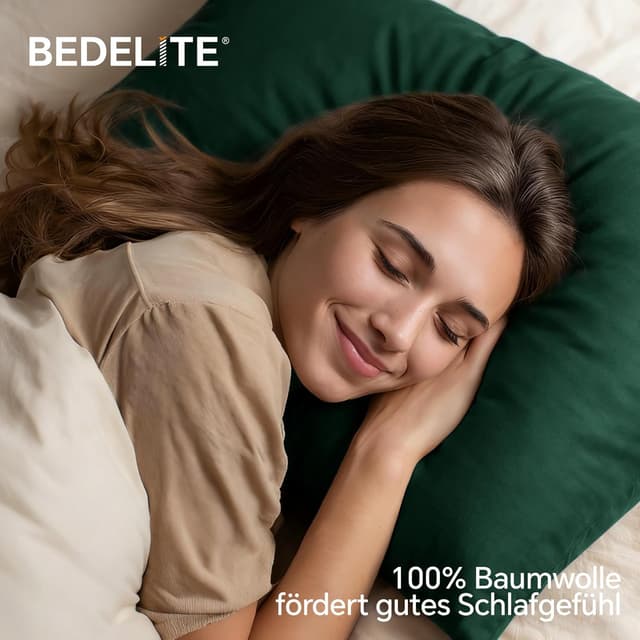 Detalle 2 de BEDELITE Kissenbezug 40x80 cm aus Baumwolle, dunkelgrün – 2er-Set mit extra langem Reißverschluss