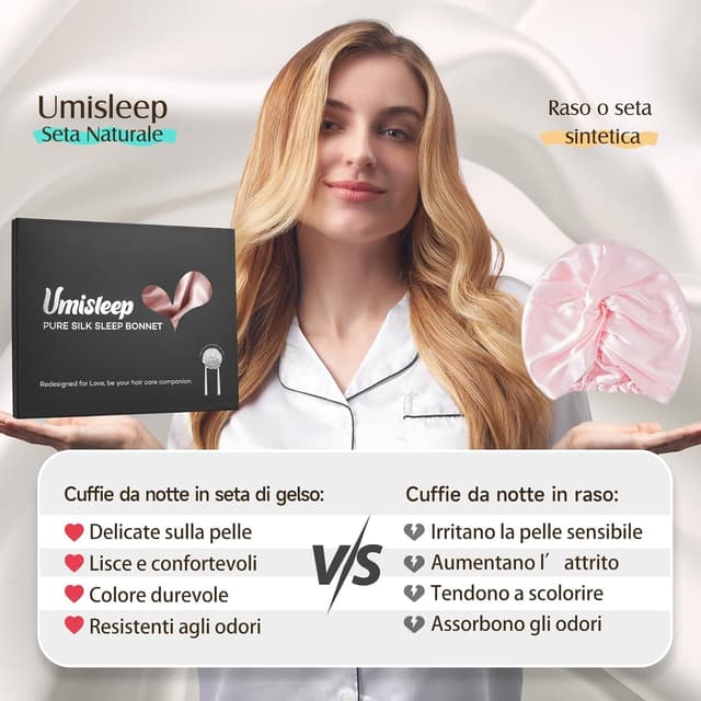 Detalle de Umisleep Cuffia in seta di gelso 22 Momme doppio strato (6A) con fascia regolabile per capelli ricci