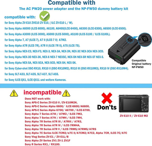 Detalle 2 de NP-FW50 Dummy Battery AC-PW20 AC Adapter Kit for Sony cameras (continuous power for filming & live streaming)